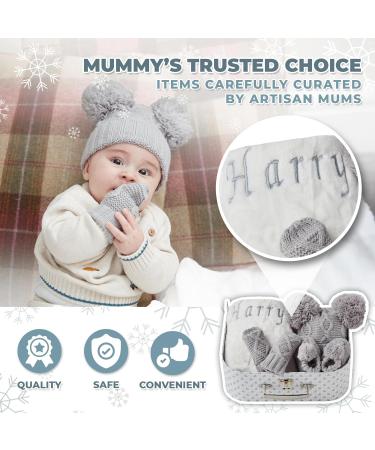 Personalised Baby Shower Gift Set | Newborn Winter Clothes & Accessories - Customised Grey | Baby Knitted Booties, Hat, Gloves, Fleece Blanket | Newborn Essentials - Buy Online on GoSupps.com