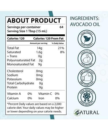 Zatural 100% Pure Virgin Avocado Oil - Cold Pressed, Non-GMO, Vegan - 32oz for Cooking, Frying, Baking, Sauces, Dressings - 1 Pack - Buy Online on GoSupps.com