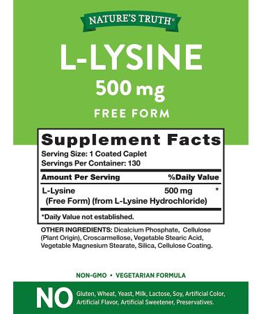 L-Lysine 500mg 130 Caplets Free Form Non-GMO Gluten Free Supplement by Nature's Truth - Buy Online on GoSupps.com