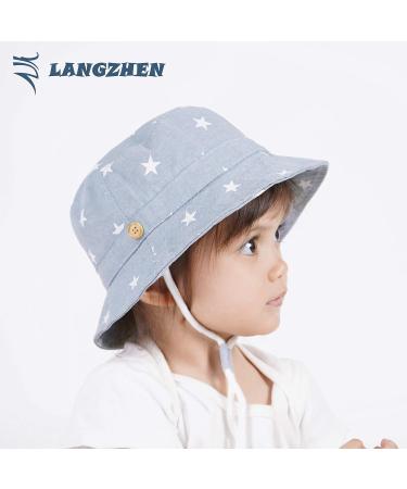 LANGZHEN Baby Girls Beach Sun Protection Hat - Adjustable Toddler Kids Hat with Chin Strap, Wide Brim Summer Play Hat - Light Blue Stars - 1-2 Years - Buy Online on GoSupps.com