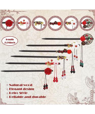 Chinese Wood Hair Sticks - 6 Piece Set with Vintage Pattern Tassels and Retro Flower Design | Handmade Wooden Hairpins for Women and Girls with Long Curly Hair | Classic Hair Accessories - Buy Online on GoSupps.com