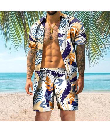 HOKCUS Men's Summer Tropical Flower Print Hawaiian Shirt & Shorts Set - Green, Large - Buy Online on GoSupps.com