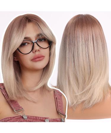 WOKESTAR Bob Wig with Fringe Short Bleach Blonde Color Wigs for Women Bob Style Synthetic Heat Resistant Bob Wigs