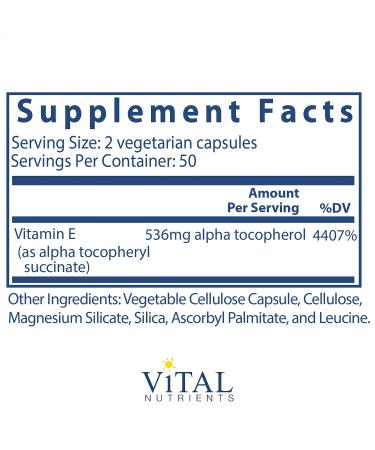 Vital Nutrients Vitamin E Succinate - 100 Vegetarian Capsules - 536mg - Buy Online on GoSupps.com