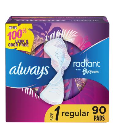 Always Radiant Feminine Pads For Women, Size 1 Regular Absorbency, Multipack, With Flexfoam, With Wings, Light Clean Scent, 30 Count X 3 Packs (90 Count Total)