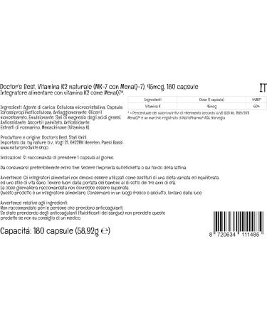 Doctor's Best Natural Vitamin K2 MK-7 45mcg 180 Vegan Capsules | Lab Tested | Gluten Free | SOYA Free | Vegetarian - Buy Online on GoSupps.com
