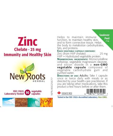 New Roots Herbal - Zinc 25mg Chelate - 90 Vegetable Capsules - Chelated Zinc Supplements for Men & Women - Healthy Skin Vitamins - Immunity Supplement - Zinc Chelate - Immunity Support - Zinc Capsules - Buy Online on GoSupps.com