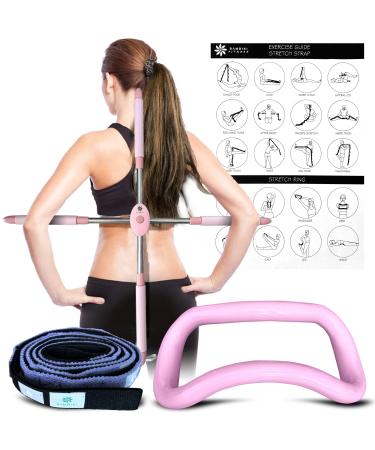BAMBIKI Stretch Set of 3 Posture Corrector, Yoga Stick Stretching Tool  Stretching Ring  Stretch Strap with Carry Bag Perfect for Yoga, Pilates and Physical Therapy (Pink)