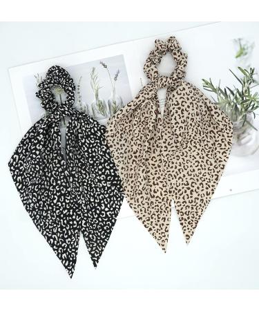 Cheetah Print Bow Scrunchie Set for Women - Black/Brown/White 2pcs | Elastic Hair Scarf Ties with Bunny Ear Bands in Leopard Pattern - Style 1 - Buy Online on GoSupps.com