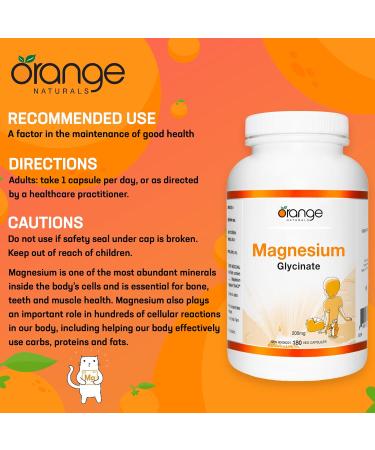 Orange Naturals - Magnesium Glycinate Supplement - 200mg 180 v-caps - For Healthy Bones Teeth Proper Muscle Function Pressure Relief & Promote Sleep Relaxation - Vegan - Highly Absorbable Form - Non GMO 180 count (Pack of 1) 200 mg - Buy Online on GoSupps.com