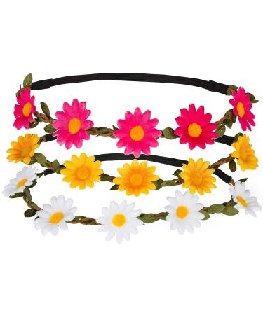 3x Flower Headband Crown - Adjustable Elastic Hairbands in White Yellow & Pink | Perfect for Festivals & Weddings - Buy Online on GoSupps.com