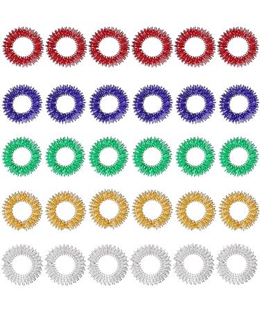 30 Pieces Acupressure Rings, Spiky Sensory Finger Rings Set for Teens, Adults, Silent Stress Reducer and Massager Red, Blue, Green, Gold, Silver