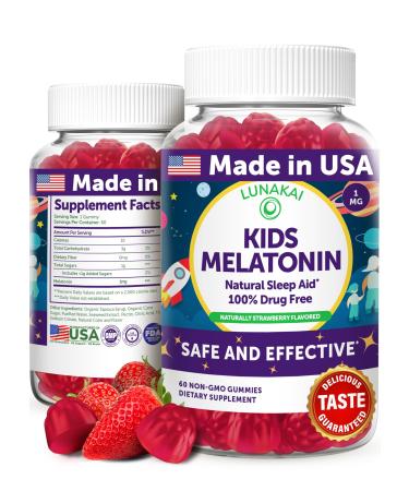 Lunakai USA Made Kids Melatonin Gummies 1mg - Safe & Natural Sleep Aid for Children 2+ - Non-GMO Vegan Gluten-Free - 60 Count Kids Melatonin Gummies (60 count)