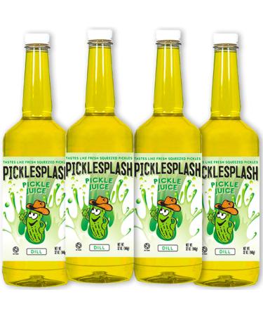 PickleSplash - Dill Pickle Beverage - Sports Hydration Drink for Leg and Muscle Cramps, Pickle Brine, Cooking, Marinade, Cocktail Mixer - 32 oz. Per Bottle (4 Pack) 32 Fl Oz (Pack of 4)