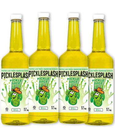 PickleSplash - Dill Pickle Beverage - Sports Hydration Drink for Leg and Muscle Cramps, Pickle Brine, Cooking, Marinade, Cocktail Mixer - 32 oz. Per Bottle (4 Pack) 32 Fl Oz (Pack of 4)