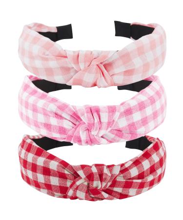 TOBATOBA Pink Headband 3 Pack Plaid Headbands for Women Girls Christmas Headband Hair Accessories Pink and Red Knotted Headband for Women Top Knot Headband Vintage Checked Headband Non Slip Color 2