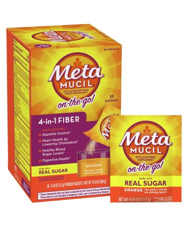 Metamucil On-the-Go, Psyllium Husk Fiber Supplement, 4-in-1 Fiber for Digestive Health, With Real Sugar, Orange Flavored, 30 Packets (Pack of 2) Packets with Real Sugar, 60 Ct