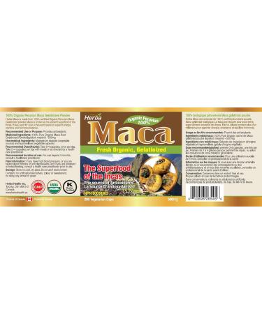 Herba Organic Maca for Men & Women - 200 Capsules | 100% Organic Gelatinized Maca Root | 500mg Peruvian Yellow Maca per Vegetable Capsule | Made in Canada - Buy Online on GoSupps.com