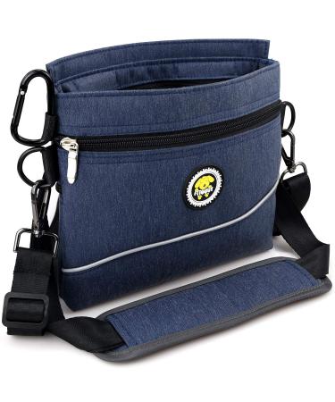 Dog treats with a magnetic lock 2 zip bag feed bag dogs with removable inside pocket padded base strap perfect food bag for agility training-including carabiner L dark blue