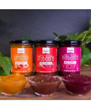 Xucker Jam Fruit Spread - 3 Flavors: Strawberry Apricot & Raspberry | 74% Fruit Xylitol Vegan Non-GMO | 3 x 220g - Buy Online on GoSupps.com