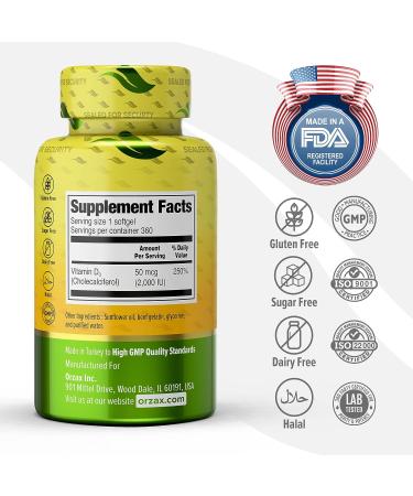 ORZAX Vitamin D3 2000 IU Softgels | 360-Day Supply | Immune Support & Bone Health | Mood Booster | Gluten-Free | 50mcg | 360 Mini Softgels - Buy Online on GoSupps.com