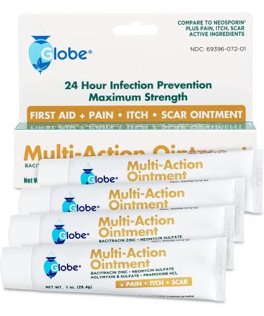 Globe Multi-Action Ointment | Antibiotic & Pain-Relieving Scar Minimizer | Neomycin, Bacitracin, Pramoxine HCl & Polymyxin B | Treats Cuts, Scrapes, Burns | 4 Pack - Buy Online on GoSupps.com