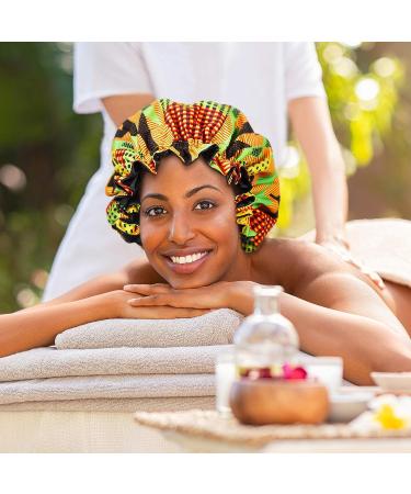 2-Piece African Silky Satin Sleep Bonnet Set for Curly Hair | Adjustable Caps for Girls & Women | Retro Patterns | Black - Buy Online on GoSupps.com