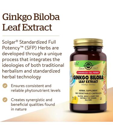 Solgar Ginkgo Biloba Leaf Extract 180 Capsules - Brain Health & Mental Alertness Support - Non-GMO Vegan Gluten Free - 180 Servings - Buy Online on GoSupps.com