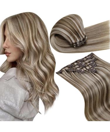 Laavoo clip in Extensions Brown hair extension real hair clip light brown with platinum blonde 45cm extensions real hair clip in double whip 105g/7 pieces 45cm-105g 3.5#p8/24