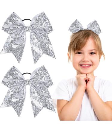 2 PCS 8 Large Glitter Cheer Bows Sequin Cheer Hair Bows Handmade for Jumbo Cheerleading Teen Girls Sports (Silver)