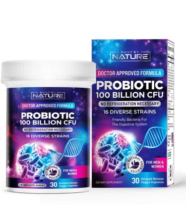 Built by Nature 100 Billion CFU Probiotic 16 Strains + Prebiotics Immune & Digestive Support for Women & Men Delayed Release Capsules Shelf Stable 1 Month Supply - 30 Capsules