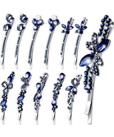 12 Pcs Vintage Blue Crystal Rhinestone Hair Pins Side Clip Sapphire Bobby Pins Decorative Navy Blue Hair Accessories Something Blue Hair Clip Wedding Flower Butterfly Hair Barrettes for Women Girls
