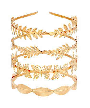 TOBATOBA Gold Headbands for Women  4Pcs Metal Headband Leaf Headband Butterfly Headband for Women  Gold Leaf Crown Greek Crown Greek Goddess Costume Women Headpiece for Halloween Costume Party Wedding Greek  Leaf  Butter...
