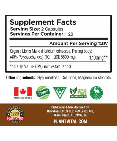 PlantVital Lions Mane Supplement Capsules - Organic Lion s Mane Mushroom Supplements with 40% Polysaccharides - Supports Immune Health and Antioxidants - 240 Count Lion's Mane 240 count (Pack of 1) - Buy Online on GoSupps.com