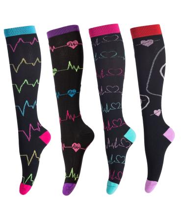 Compression Socks for Women & Men Medical Circulation 15-25 mmHg Best for Nurses Youth Nursing Running Travel(4 Pairs) Polyline L-XL