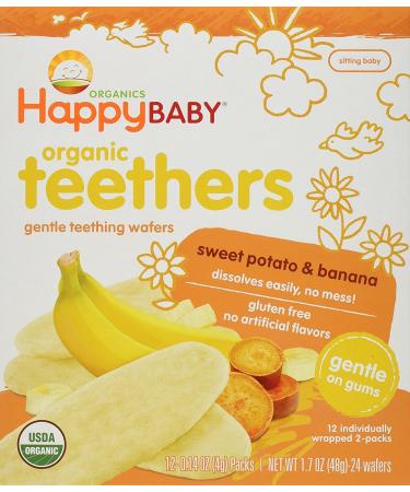 Happy Baby Gentle Teethers Organic Teething Wafers Banana Sweet Potato, 0.14 Ounce Packets (Box of 12) Soothing Rice Cookies for Teething Babies Dissolves Easily Gluten Free No Artificial Flavor Sweet Potato & Banana