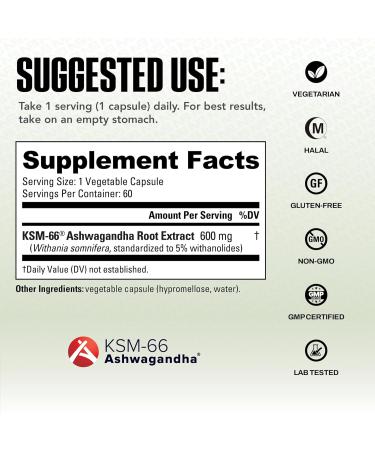 NutraBio Ashwagandha KSM-66 | Ashwagandha Herbal Supplement for Stress, Mood, & Performance | 600 MG of Clinically Studied KSM66 60 Capsules 60 Count (Pack of 1) - Buy Online on GoSupps.com