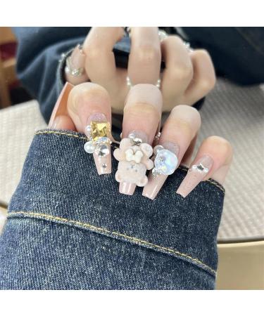 Nails Nail Tips Nails Set Handmade Nails Press On 3D Bear Aurora Diamond Pearl Decor Luxury Long Coffin Wearable Full Cover Nail Tips(1365 XS) - Buy Online on GoSupps.com