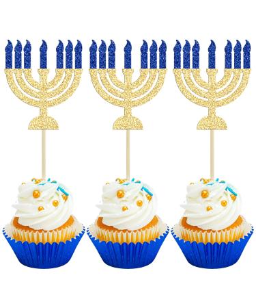 24Pcs Happy Hanukkah Cupcake Toppers Glitter Candlestick Menorah Cake Topper Decorations for Sparkle Jewish Birthday Chanukah Holiday Party Decoration Supplies Style 3