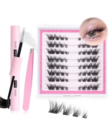 DIY Lash Extension Kit with Lash Bond and Seal Eyelashes Applicator Tweezers Natural Wispy Manga Cluster Lashes Extension Fox Eye Mixed Lengths 64 Clusters Individual Lash Pack by Mavphnee 16A