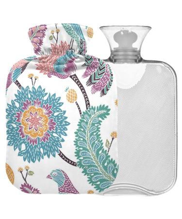 NAANLE hot hot water bottle with reference ethno paisley bird transparent hot water bottle heat bottle for back pain relief handfoot warmer neck warmth and cold therapy 1l