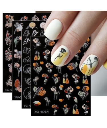 JMEOWIO 3D Embossed Flower Nail Art Stickers Decals Self-Adhesive 5D Colorful Floral Line Nail Supplies Nail Art Design Decoration Accessories 4 Sheets