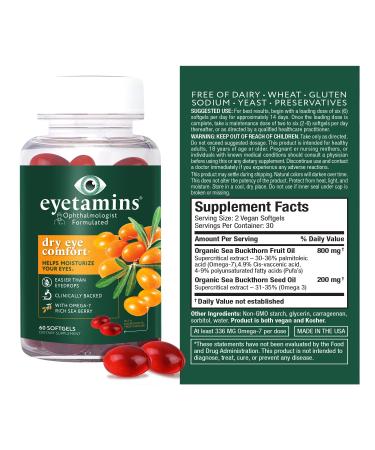 Eye Vitamins Dry Eye Comfort Softgels - Ophthalmologist-Formulated with Himalayan Sea Buckthorn Oil - Vegan & Non-GMO - 60 Count - Buy Online on GoSupps.com