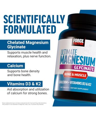 Force Factor Ultimate Magnesium Glycinate, Calcium & Vitamins D3 & K2, Bone Strength Supplement for Women, Muscle Relaxation, Nerve Function & Healthy Bones, Easy to Swallow Glaze Coating, 120 Tablets - Buy Online on GoSupps.com
