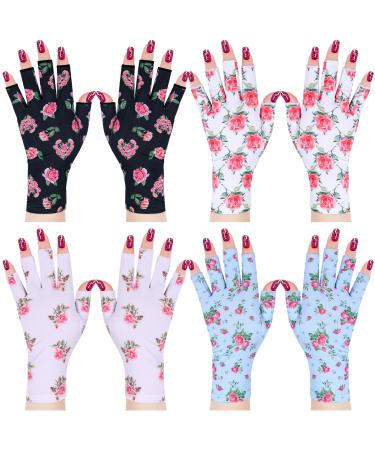 Panitay 4 Pairs UV Gloves for Nails Floral Gel Manicures Glove Protective Nail Art Fingerless Gloves for Women UV Protection Skin Care UV Lamp Gloves for Hand Protection
