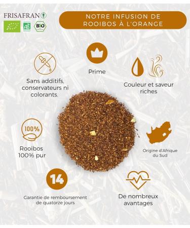 FRISAFRAN | Infusion Rooibos Orange Bio en vrac 200g | Exp rience sensorielle | Saveur unique | Th rooibos | Sans caf ine | Nutritif | Hydratant | Agriculture durable | d sintoxication | sans th ine Orange 200g - Buy Online on GoSupps.com