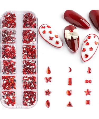 Nail Gems 2 Plates Rhinestones for Nail Art 2 Colors 12 Grids Different Shape 3D Nail Art Gems with Rhinestone Picker Dotting Pen for Professionals Beginners Type 1 red + as shown - Buy Online on GoSupps.com