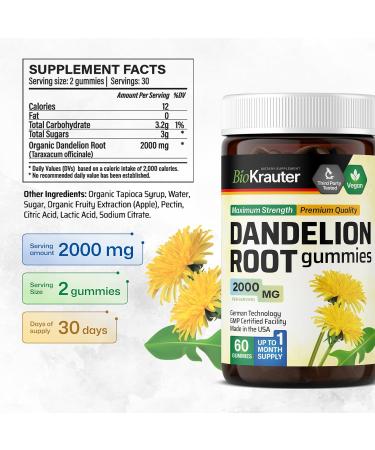 Dandelion Root Gummies - Vegan Digestive Support & Detox - 2000 mg Strength - Gelatin-Free - 60 Count - Buy Online on GoSupps.com