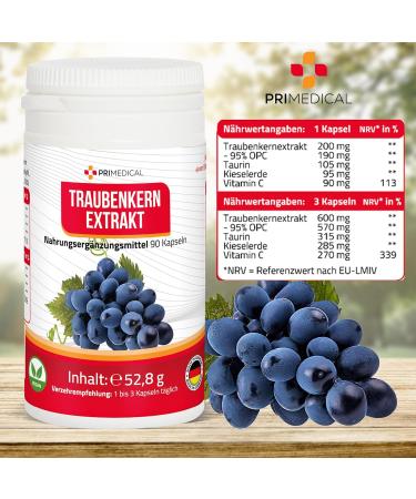 Buy High Dose OPC Grape Seed Extract Capsules - 600mg Vegan Gluten-Free Lactose-Free with Vitamin C - Primedical 1x90 Capsules - Buy Online on GoSupps.com
