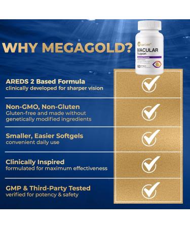 MegaGold Macular Support Advanced Formula - Eye Supplements for Vision & Macular Health*, Contains Lutein & Zeaxanthin, Vitamins C & E, Zinc, and Astaxanthin, for Seniors & Adults - 60 Count Softgels - Buy Online on GoSupps.com